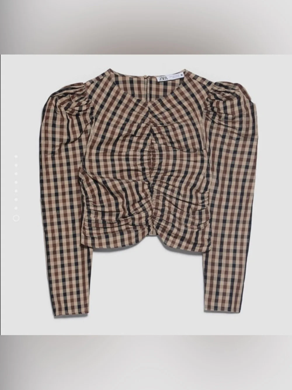 Zara Checked Puff-Sleeve V-Neck Blouse in Brown